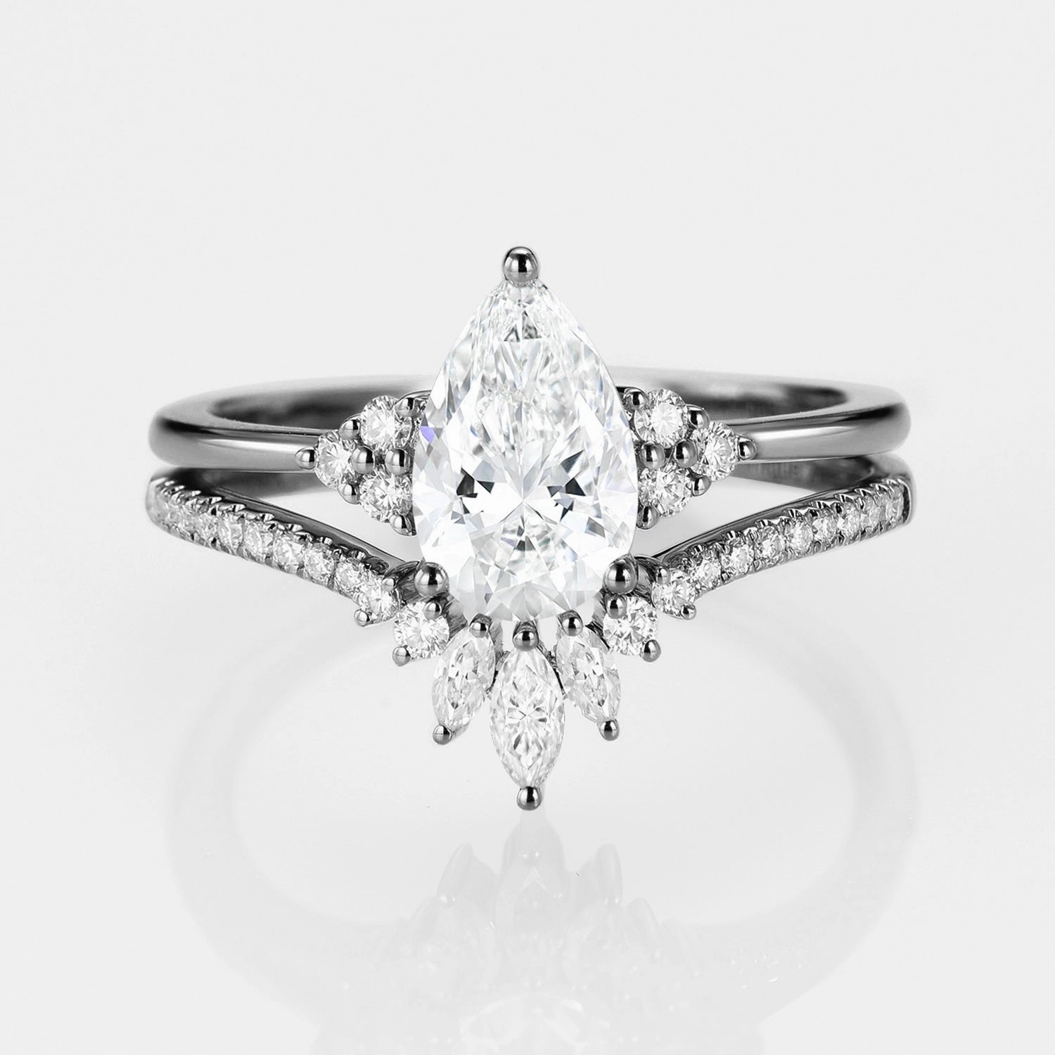 Charming Detail Black Gold Pear Moissanite Engagement Ring Set 2pcs - Lydia