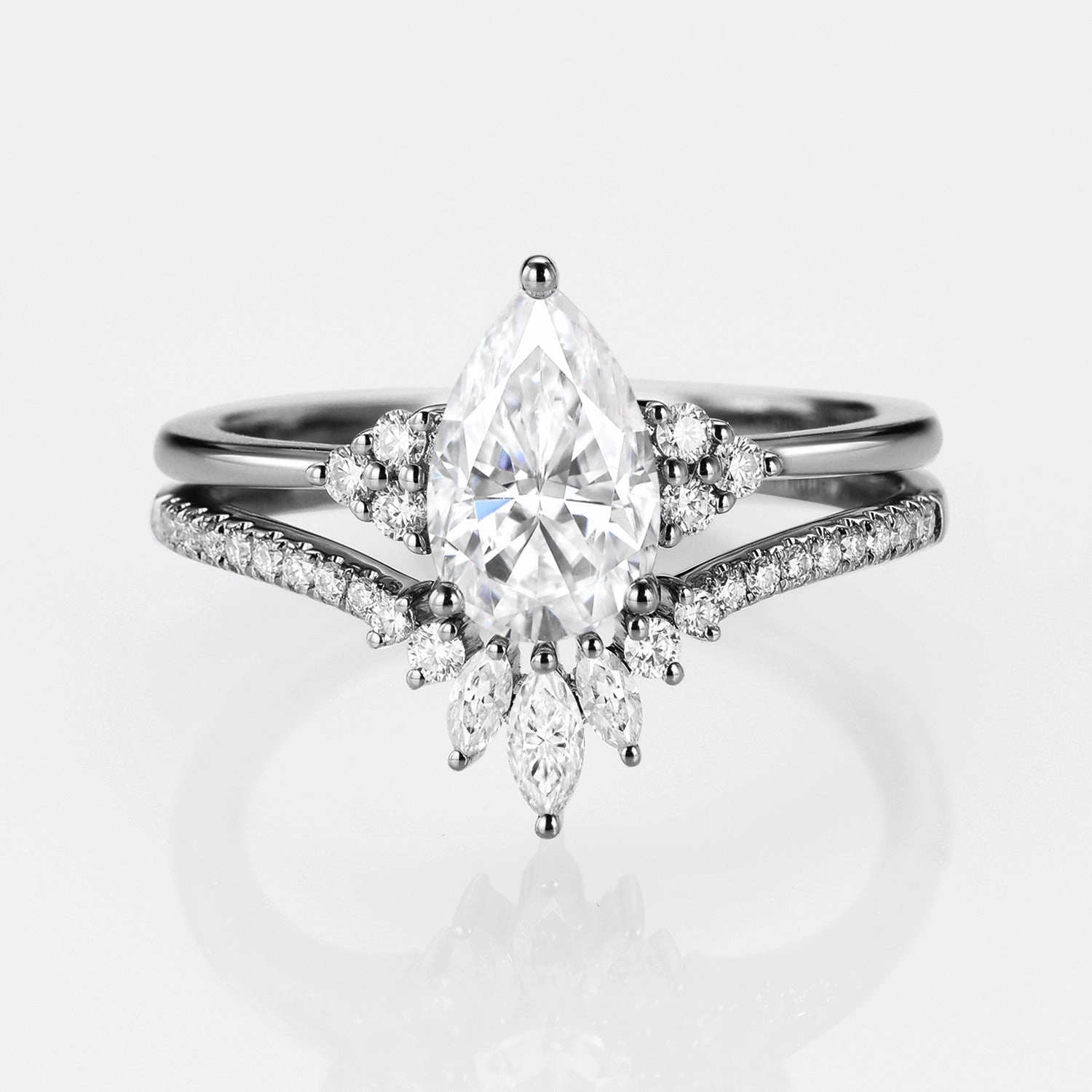 Black Gold Pear Moissanite Engagement Ring Set 2pcs - Lydia Custom Shine Sophisticated Edge