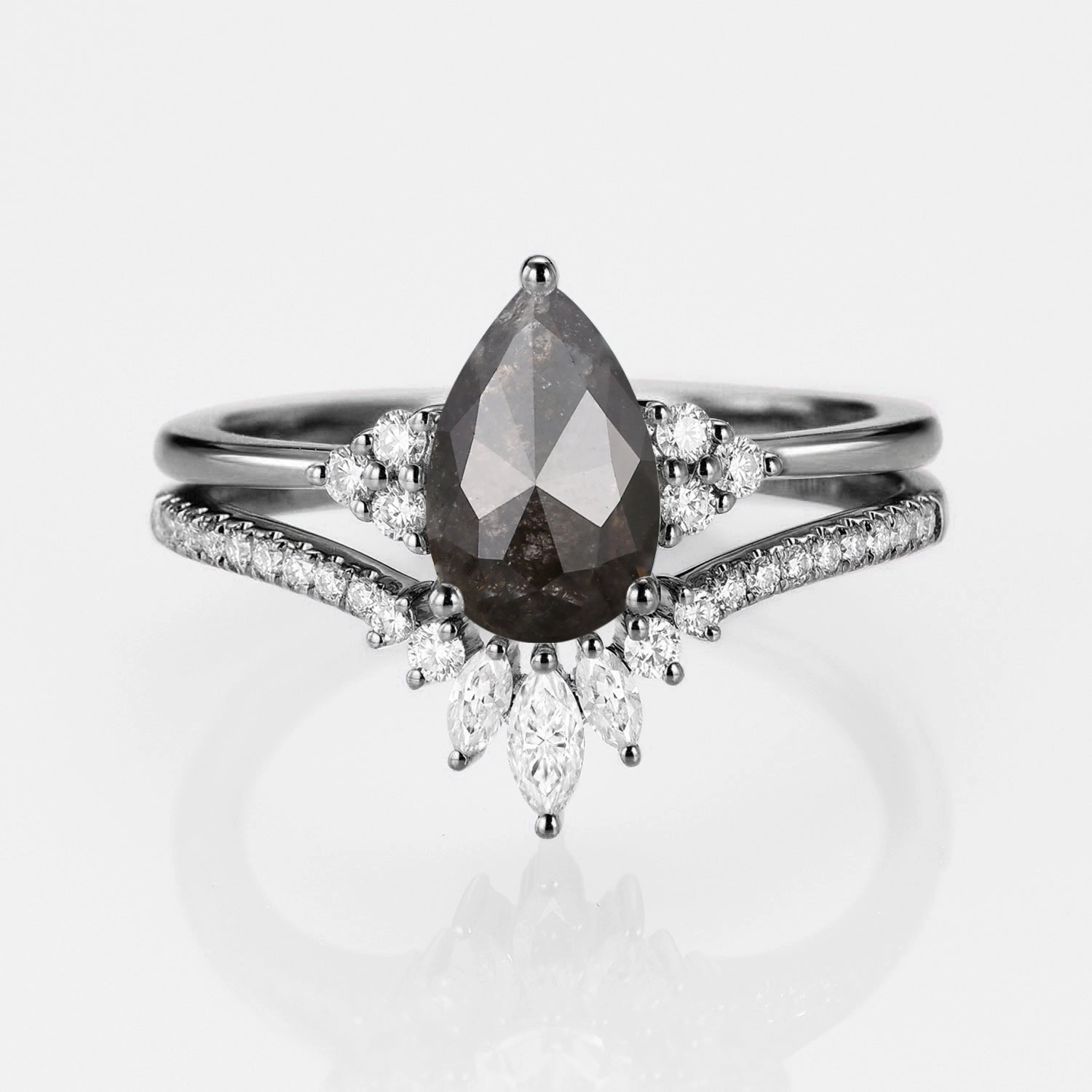 Elegant Focus holiday season Black Gold Pear Moissanite Engagement Ring Set 2pcs - Lydia