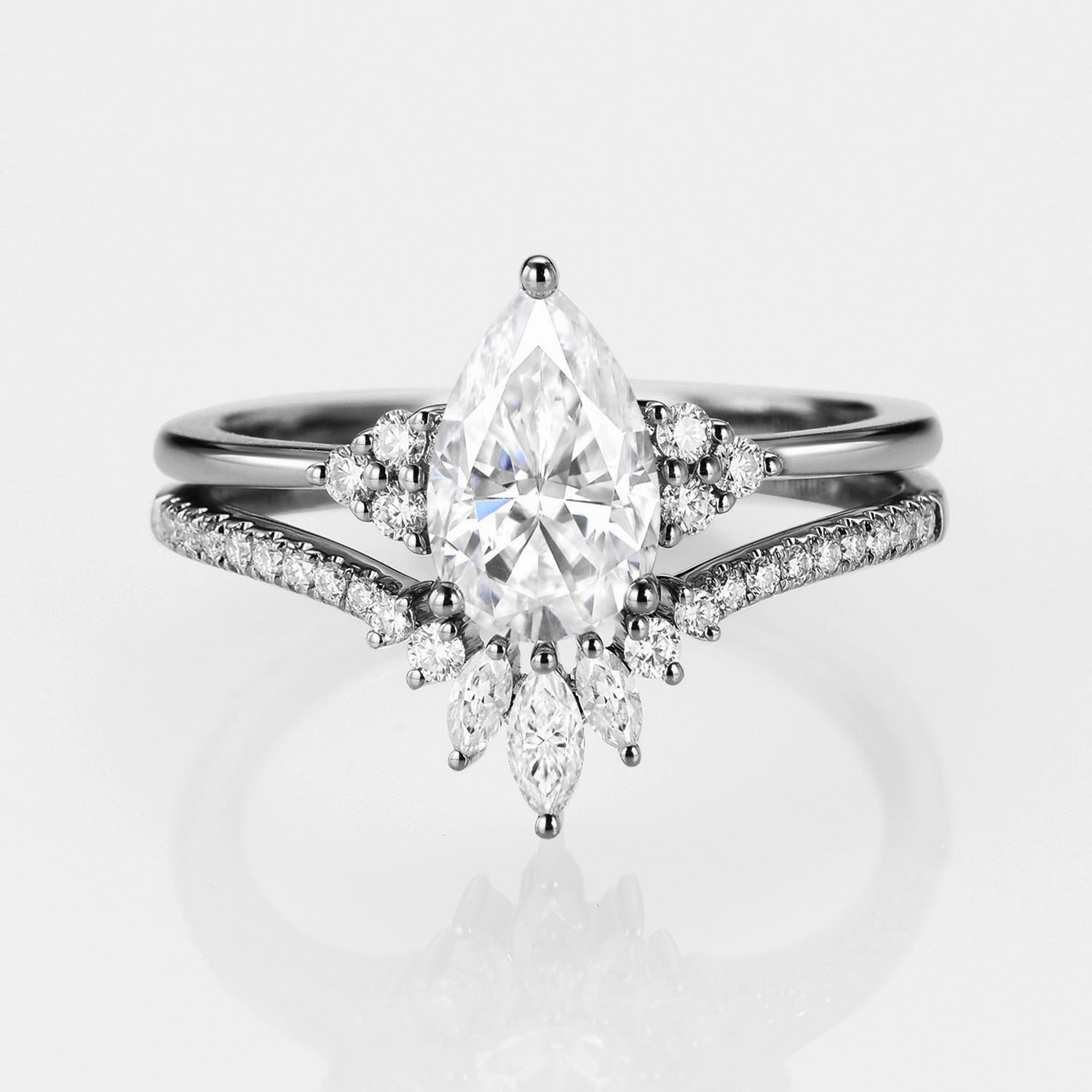 Black Gold Pear Moissanite Engagement Ring Set 2pcs - Lydia Allure Accent