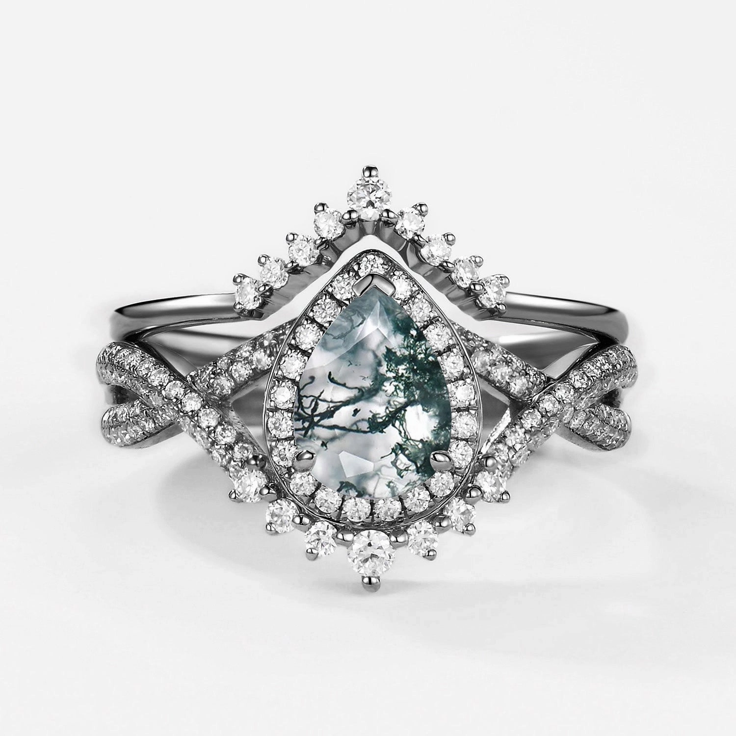 Black Gold Pear Moss Agate Halo Infinity Ring Set 2pcs - Valentina Body Positive