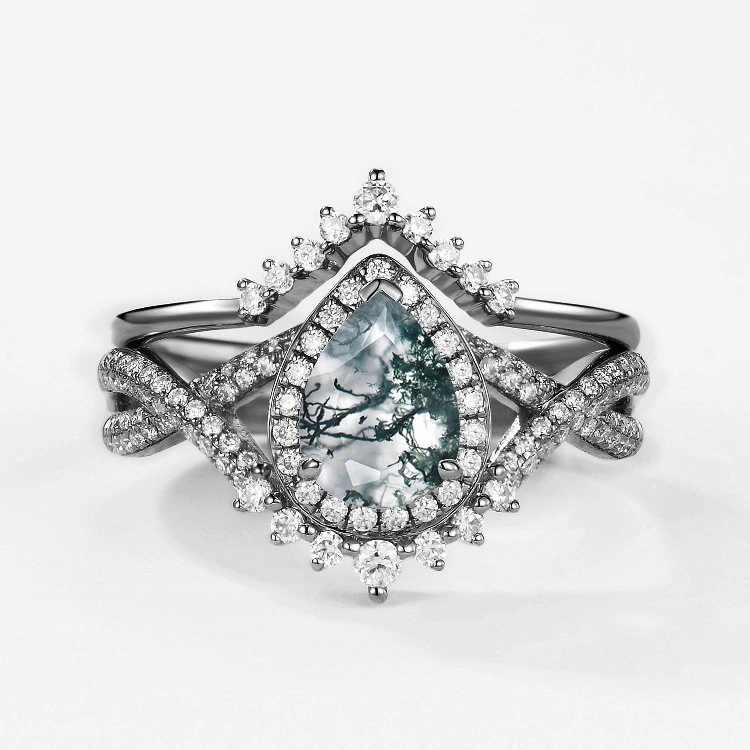 Black Gold Pear Moss Agate Halo Infinity Ring Set 2pcs - Valentina Eternal Embellishment Traditional Trinket