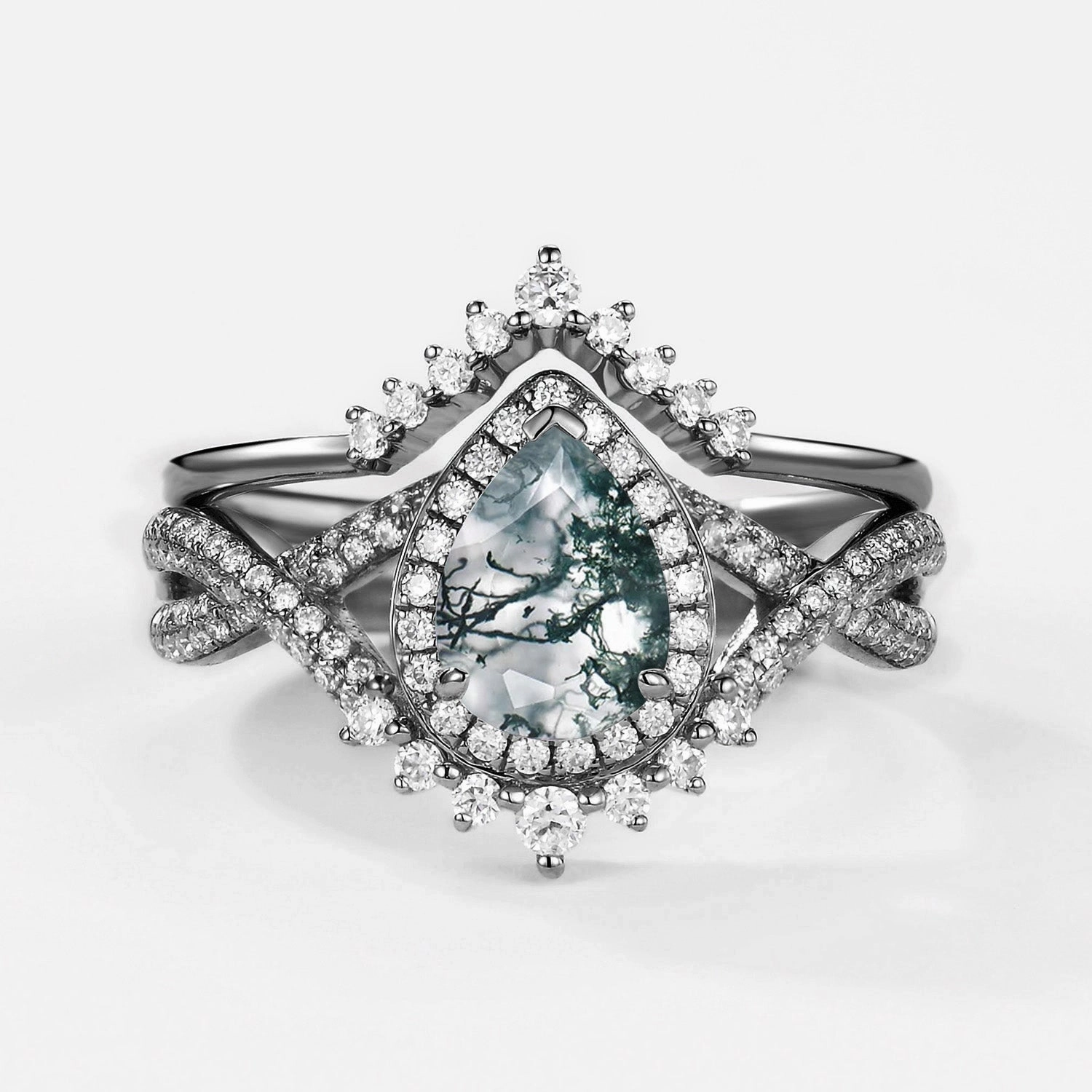 Black Gold Pear Moss Agate Halo Infinity Ring Set 2pcs - Valentina Minimalist Accent Sparkling Jewelry Design