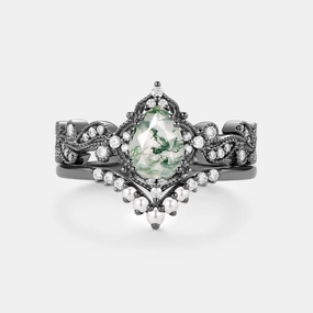 Shiny Jewelry Minimalist Flair Black Gold Pear Shaped Moss Agate & Pearl Engagement Ring Set 2pcs - Harper