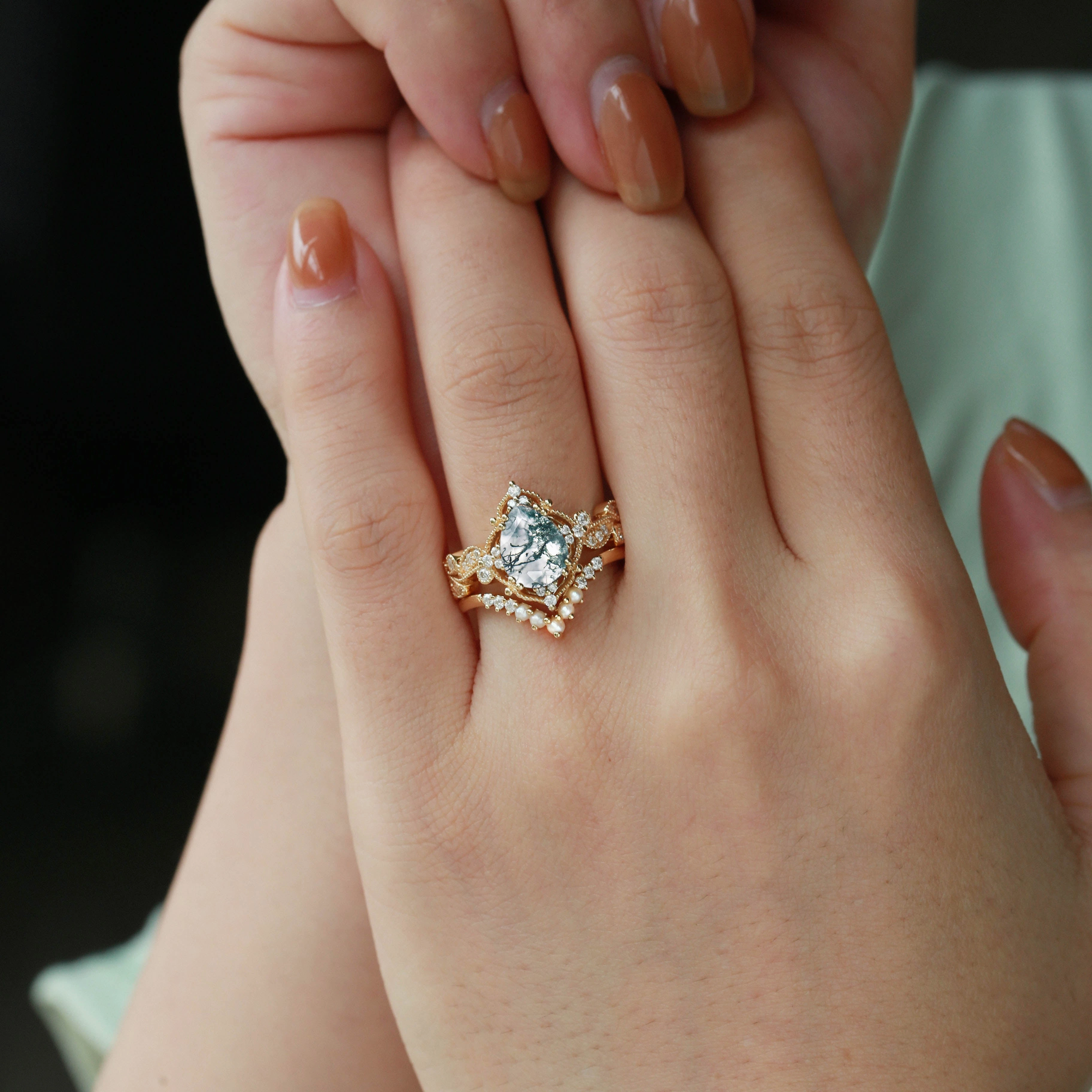 Black Gold Pear Shaped Moss Agate & Pearl Engagement Ring Set 2pcs - Harper Luxury Appeal Luxurious design