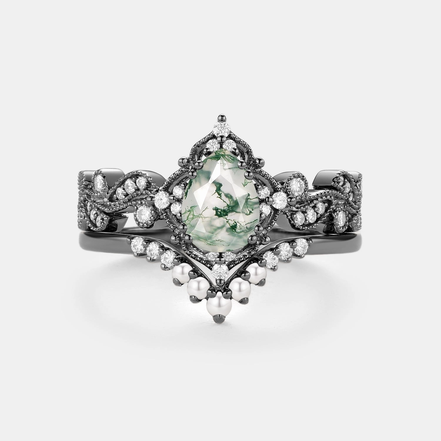 Classic Mark Black Gold Pear Shaped Moss Agate & Pearl Engagement Ring Set 2pcs - Harper