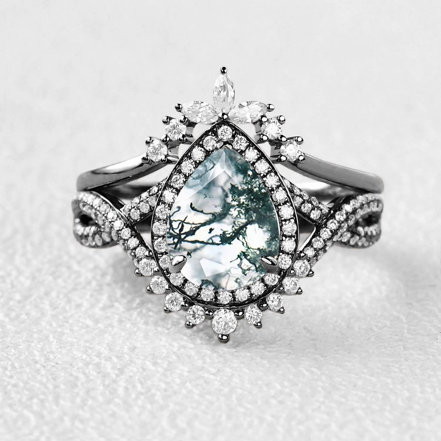 Glamorous Gifts Black Gold Pear Shaped Moss Agate Antique Halo Infinity Ring Sets 2pcs