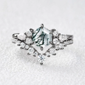 Black Gold Perfect Hexagon Cut Moss Agate Engagement Ring Set 2pcs Dressy Mood Everyday Layer