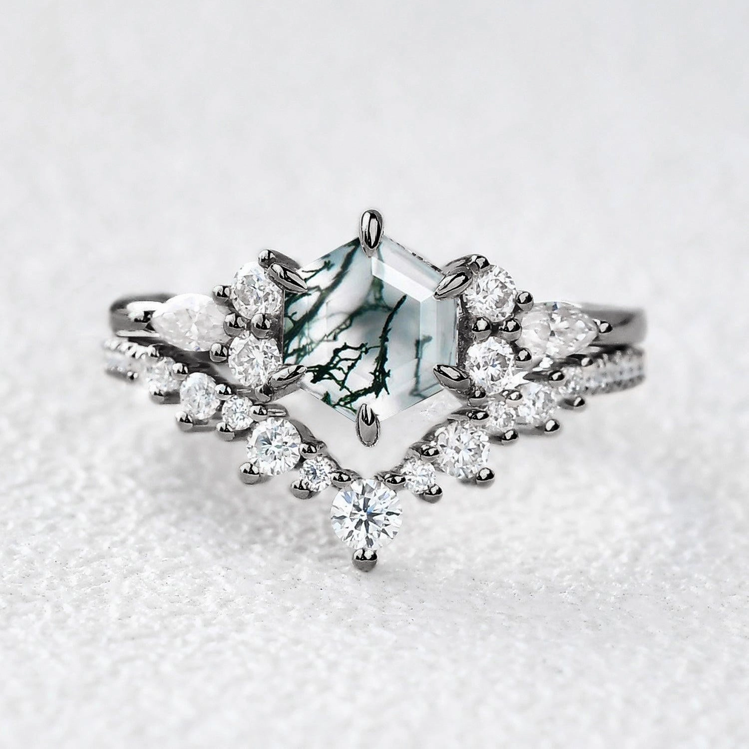 Bright Glow Black Gold Perfect Hexagon Cut Moss Agate Engagement Ring Set 2pcs