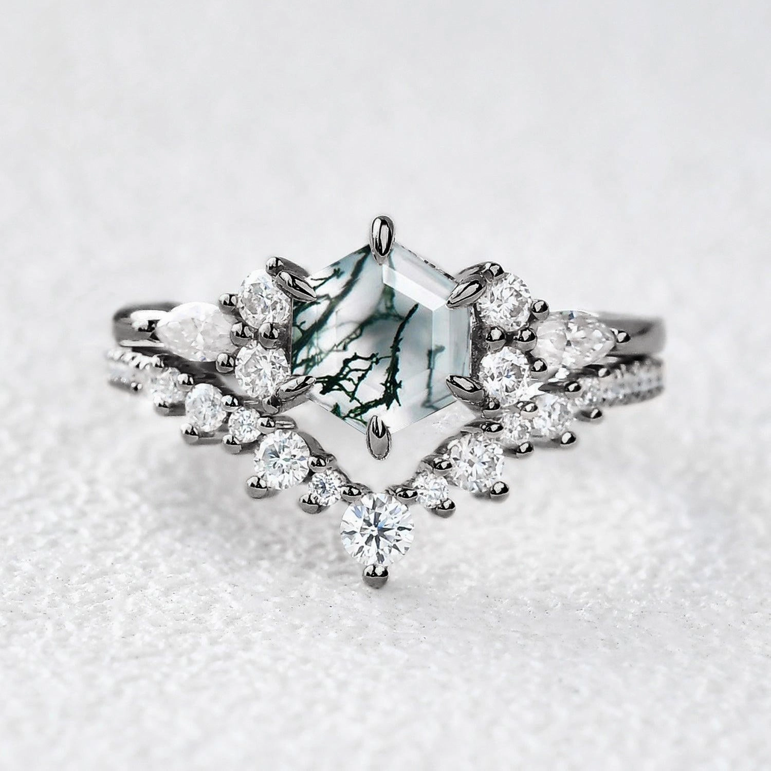 Black Gold Perfect Hexagon Cut Moss Agate Engagement Ring Set 2pcs Muted Finish