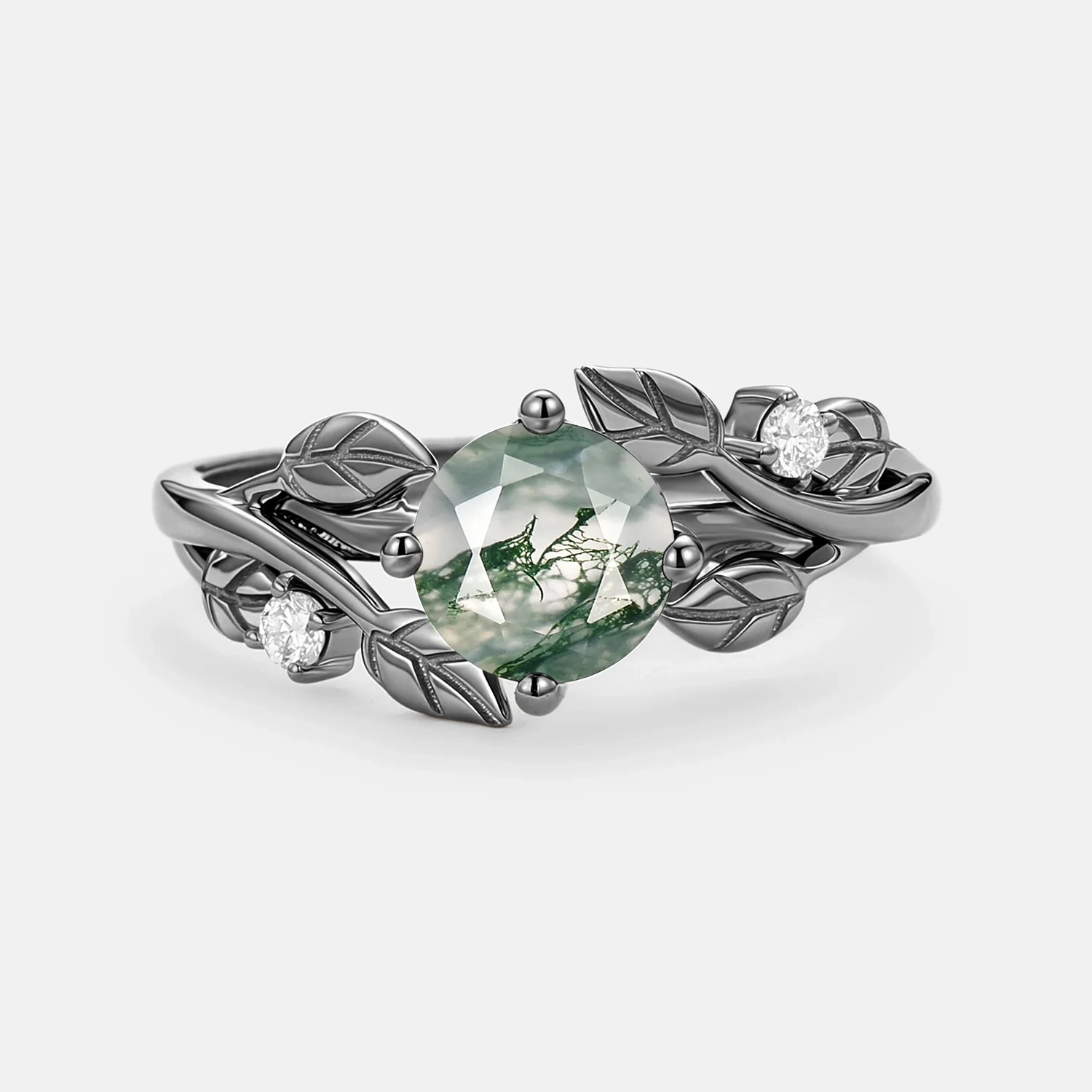 Black Gold Round Shaped Leaf Moss Agate Engagement Ring - Gardenia Fresh Edge