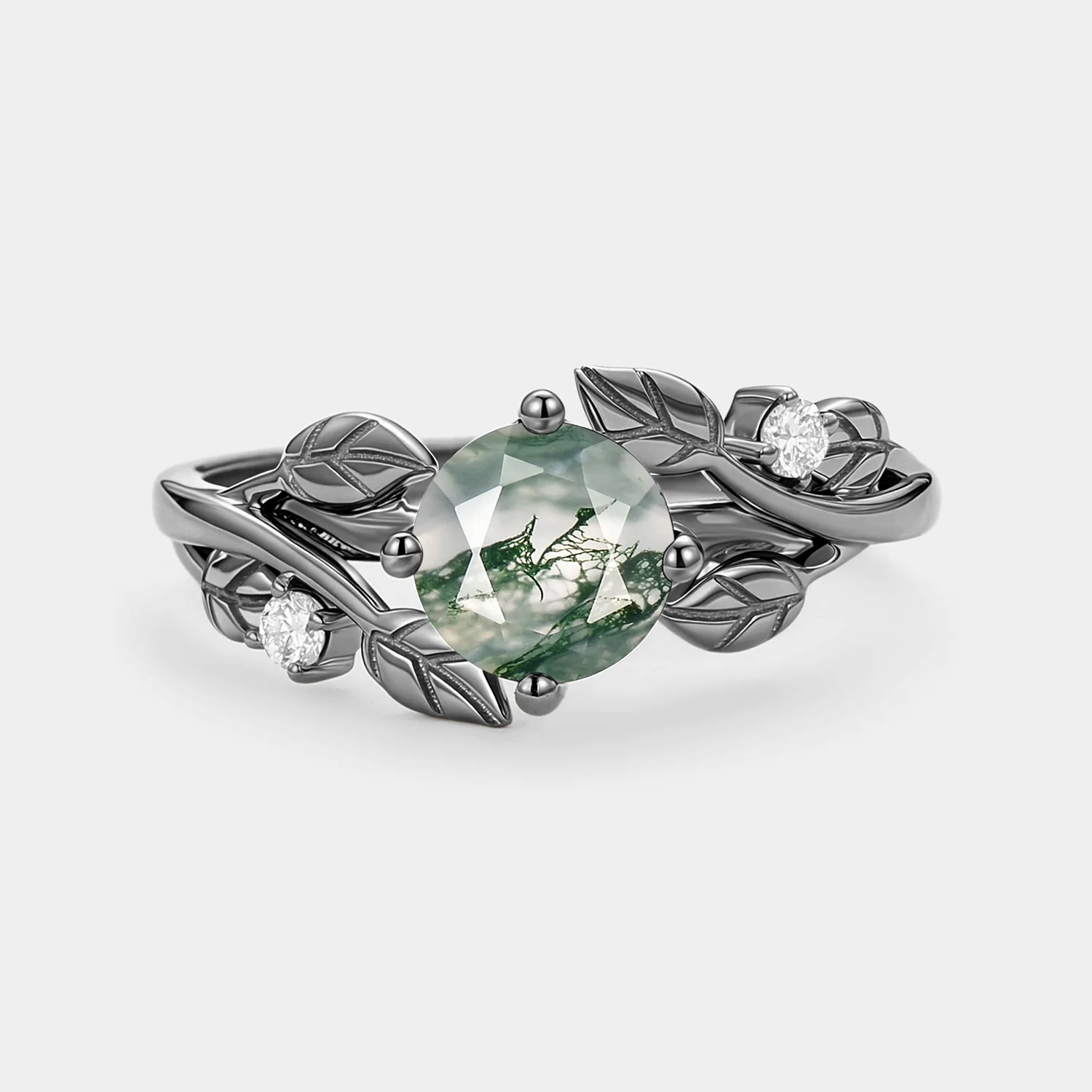 Black Gold Round Shaped Leaf Moss Agate Engagement Ring - Gardenia Creative Ornament