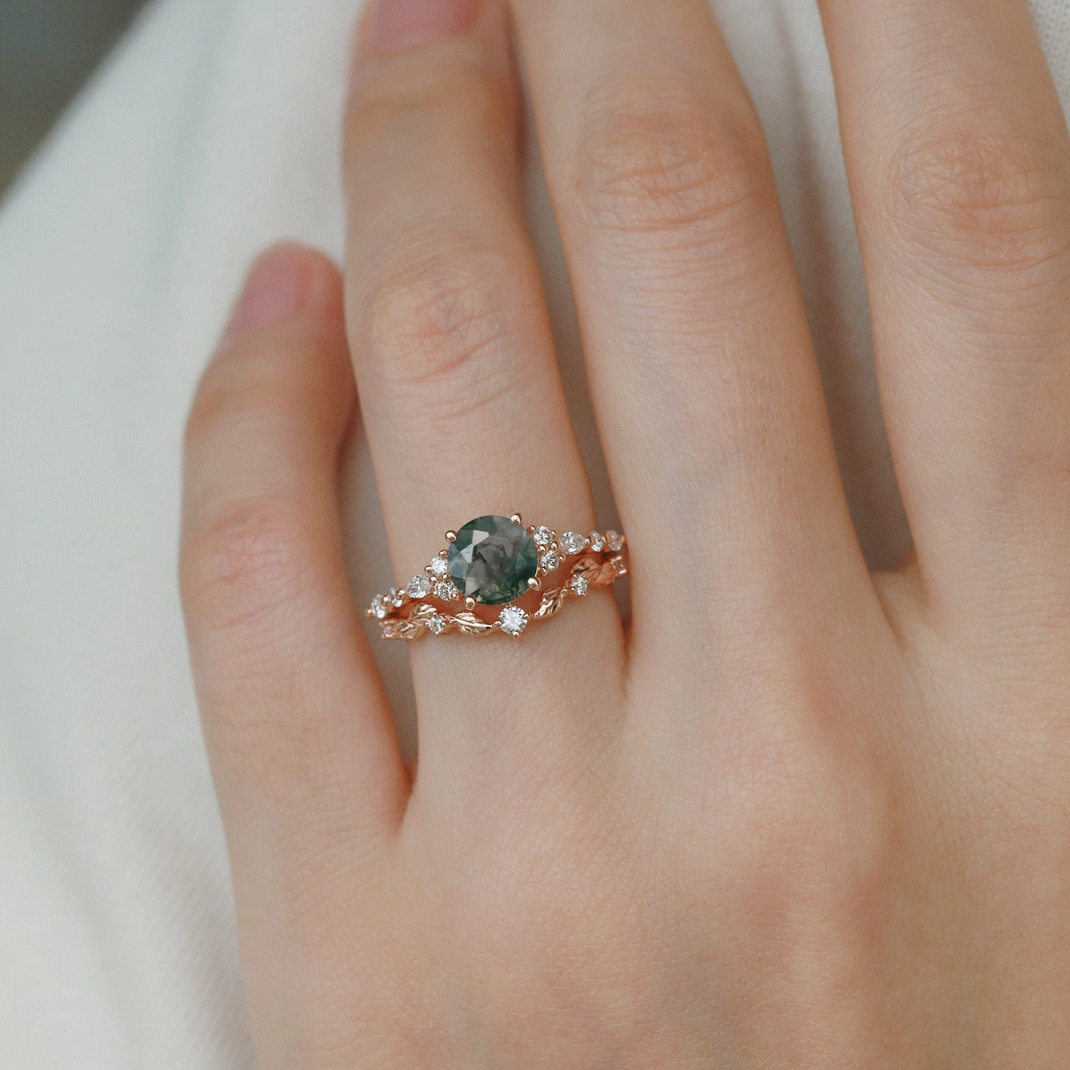 Black Gold Round Shaped Leafy Moss Agate Engagement Ring Sets 2PCS Gift Ready