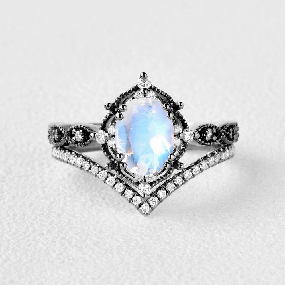 Black Gold Signature Oval Moonstone Vintage Ring Set 2pcs Suburban Trend Simple Trinket