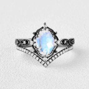 Black Gold Signature Oval Moonstone Vintage Ring Set 2pcs Decorative Jewelry