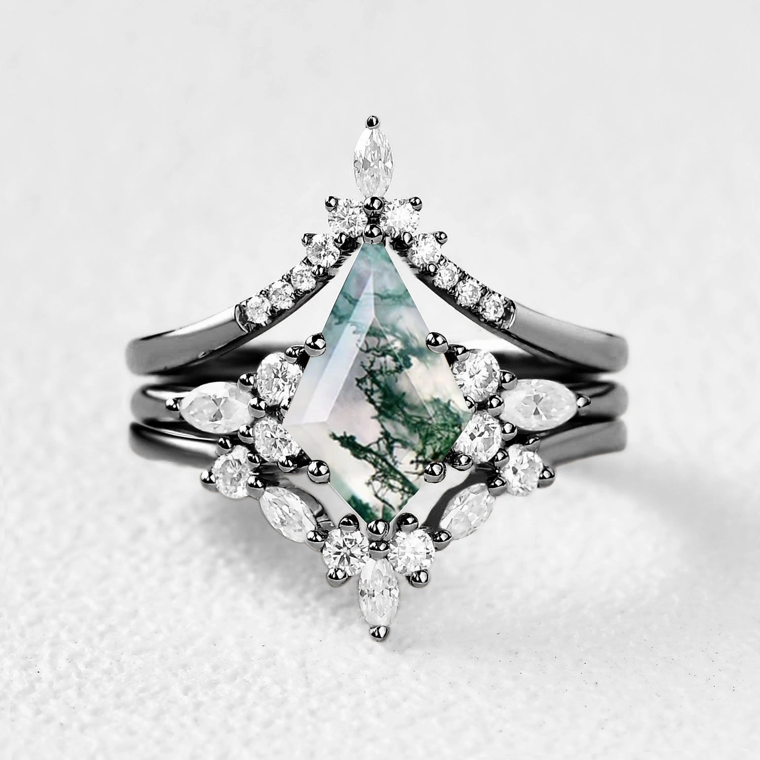 Gift Option Shine Appeal Black Gold Unique Kite Cut Moss Agate Ring Set 3pcs - Kinsley