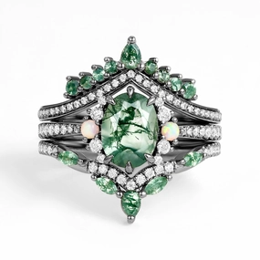 Black Gold Unique Oval Cut Moss Agate Opal Engagement Ring Set 3pcs - Ethan Handmade Jewelry