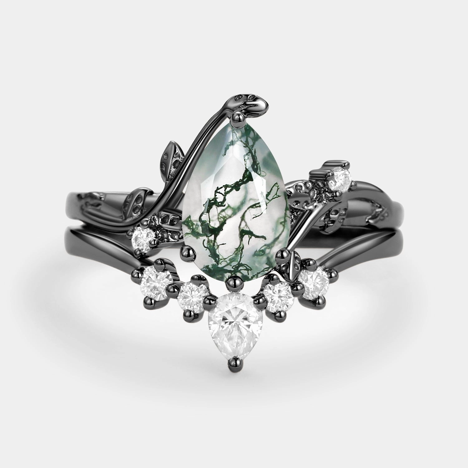 Black Gold Unique Pear Shaped Moss Agate Leafy Bridal Ring Sets 2pcs - Willow Personal Adornment