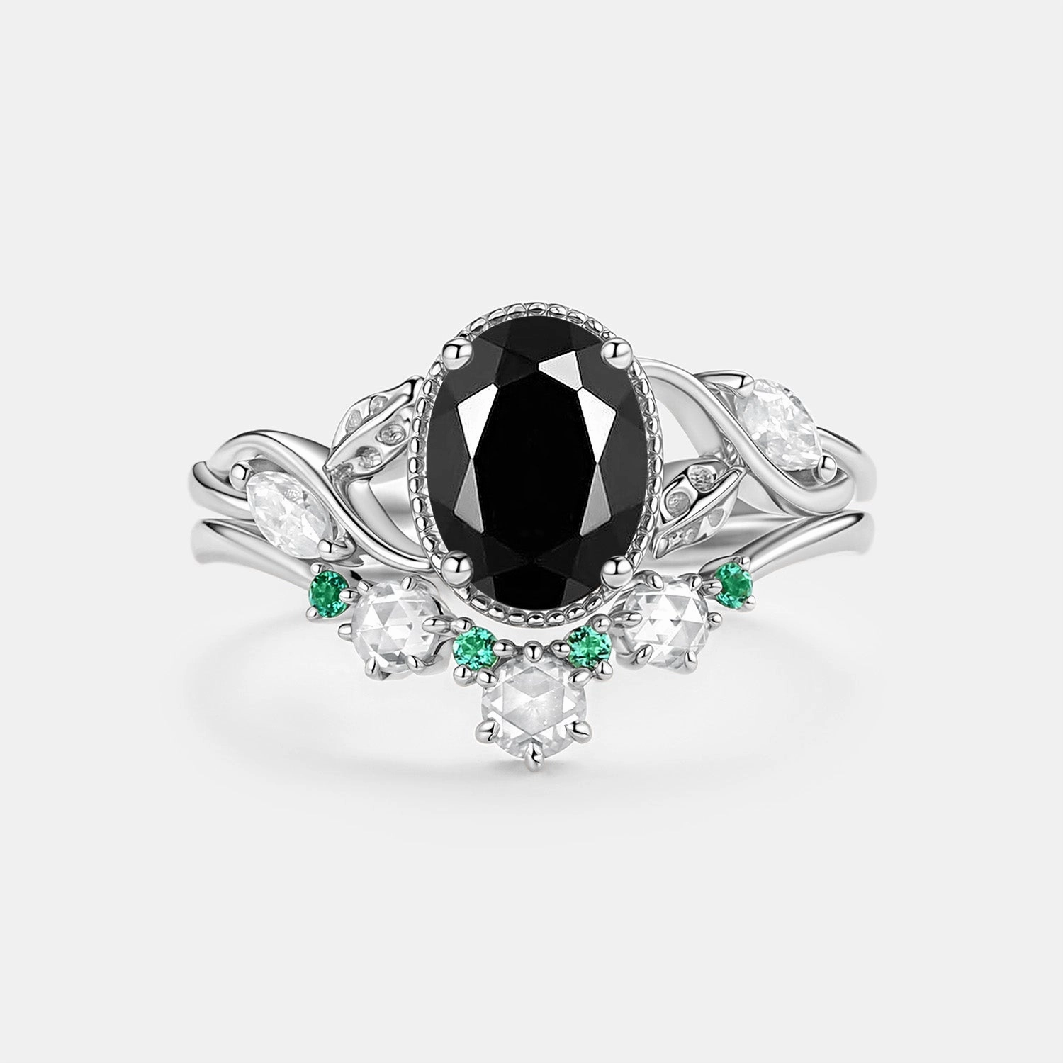 Everyday Match Refined Glance Black Moissanite & Lab Emerald Oval Cut Leaf Ring Set 2pcs - Lora
