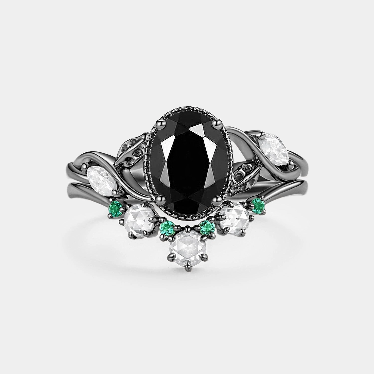Black Moissanite & Lab Emerald Oval Cut Leaf Ring Set 2pcs - Lora Refined Gift