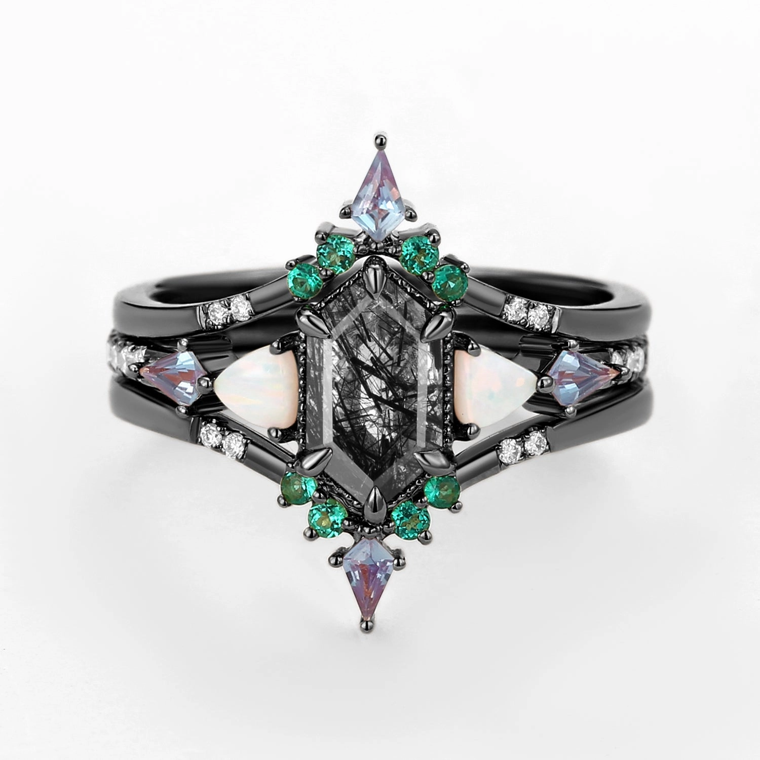 Black Rutilated Quartz & Alexandrite & Emerald Elongated Hexagon Engagement Ring Set 3pcs - Max Ornamental Object