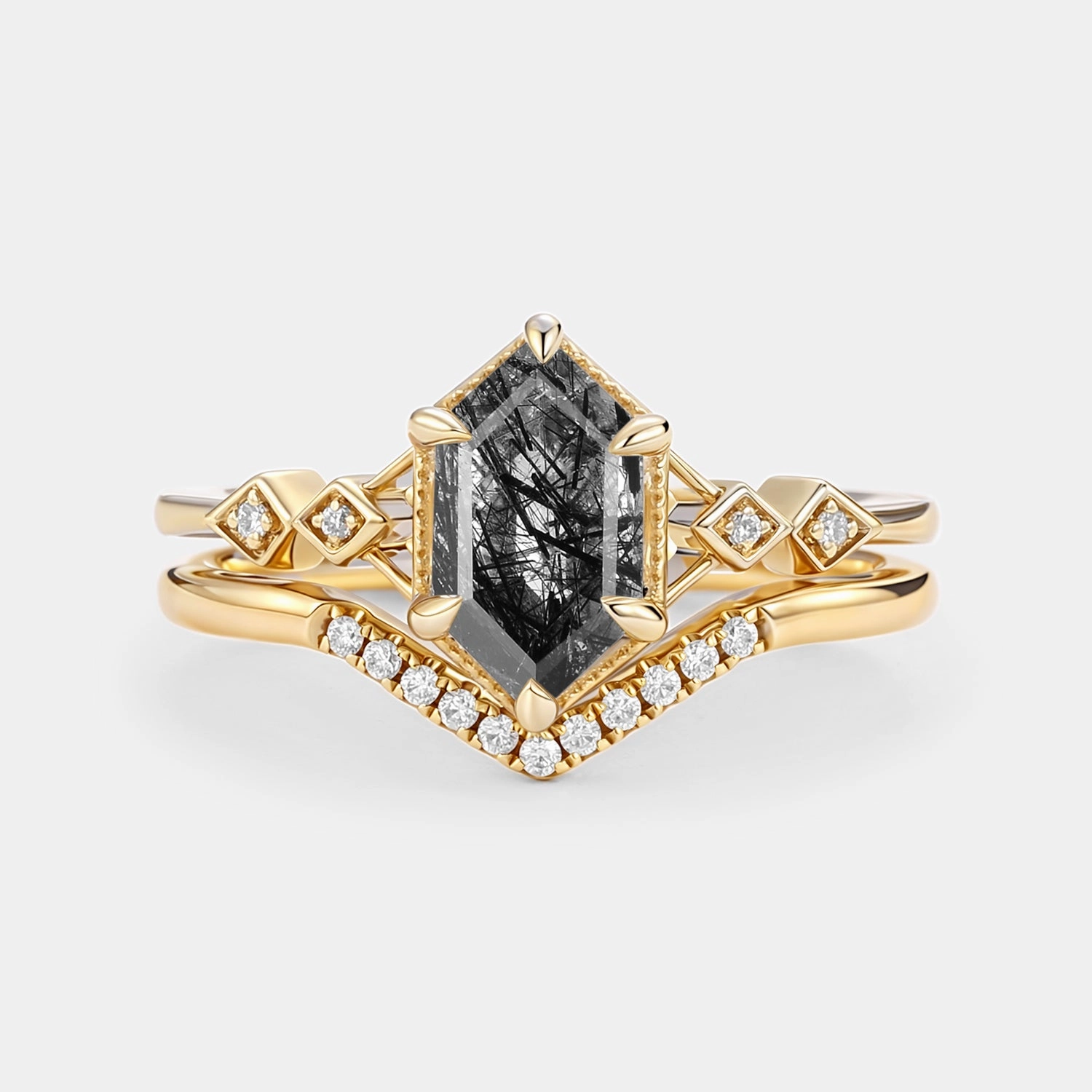 Black Rutilated Quartz Cluster Elongated Hexagon Engagement Ring Set 2pcs - Druk Graceful Appearance