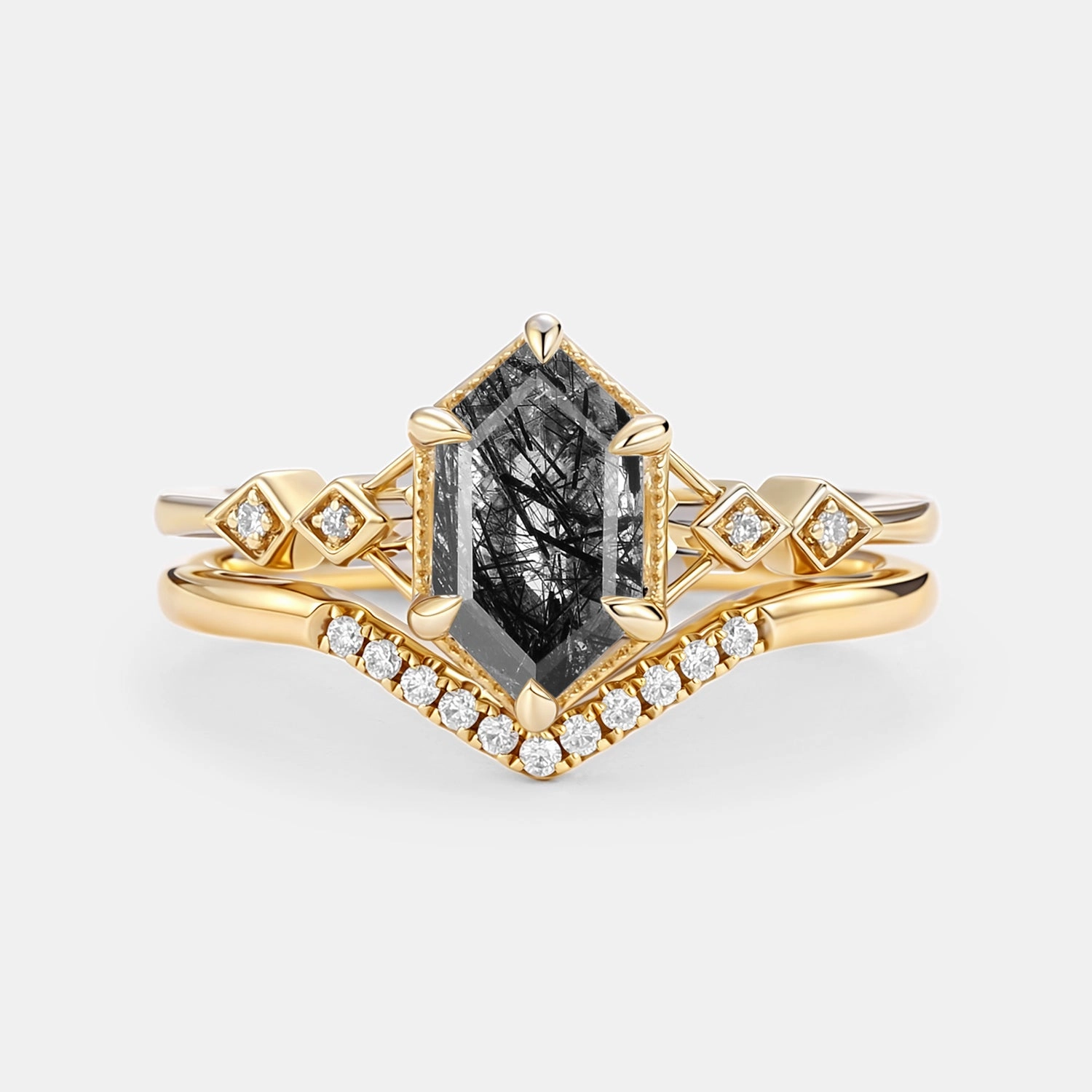Black Rutilated Quartz Cluster Elongated Hexagon Engagement Ring Set 2pcs - Druk Bold Insignia