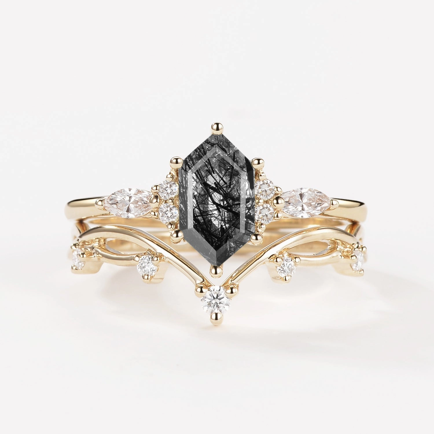 Black Rutilated Quartz Elongated Hexagon Engagement Ring Set 2pcs - Ona Day Wear