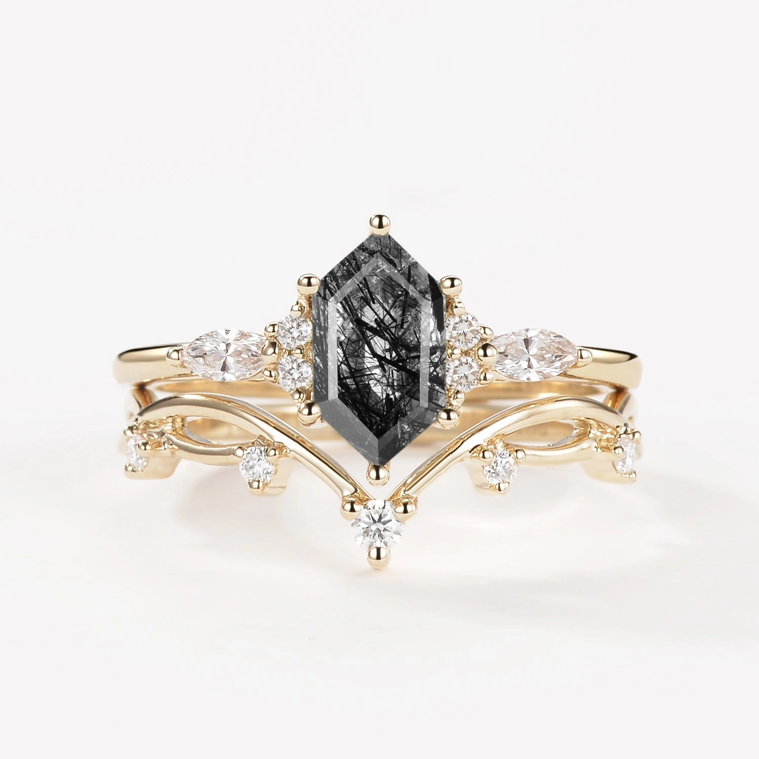 Black Rutilated Quartz Elongated Hexagon Engagement Ring Set 2pcs - Ona Exquisite Jewelry