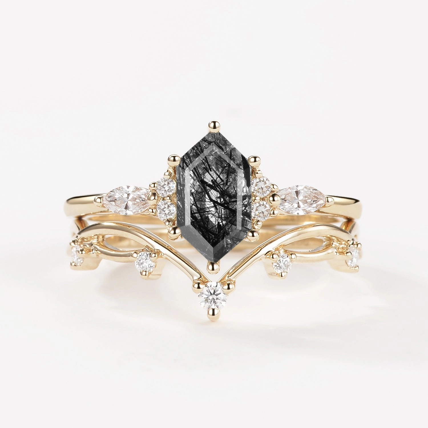Summer Style Black Rutilated Quartz Elongated Hexagon Engagement Ring Set 2pcs - Ona