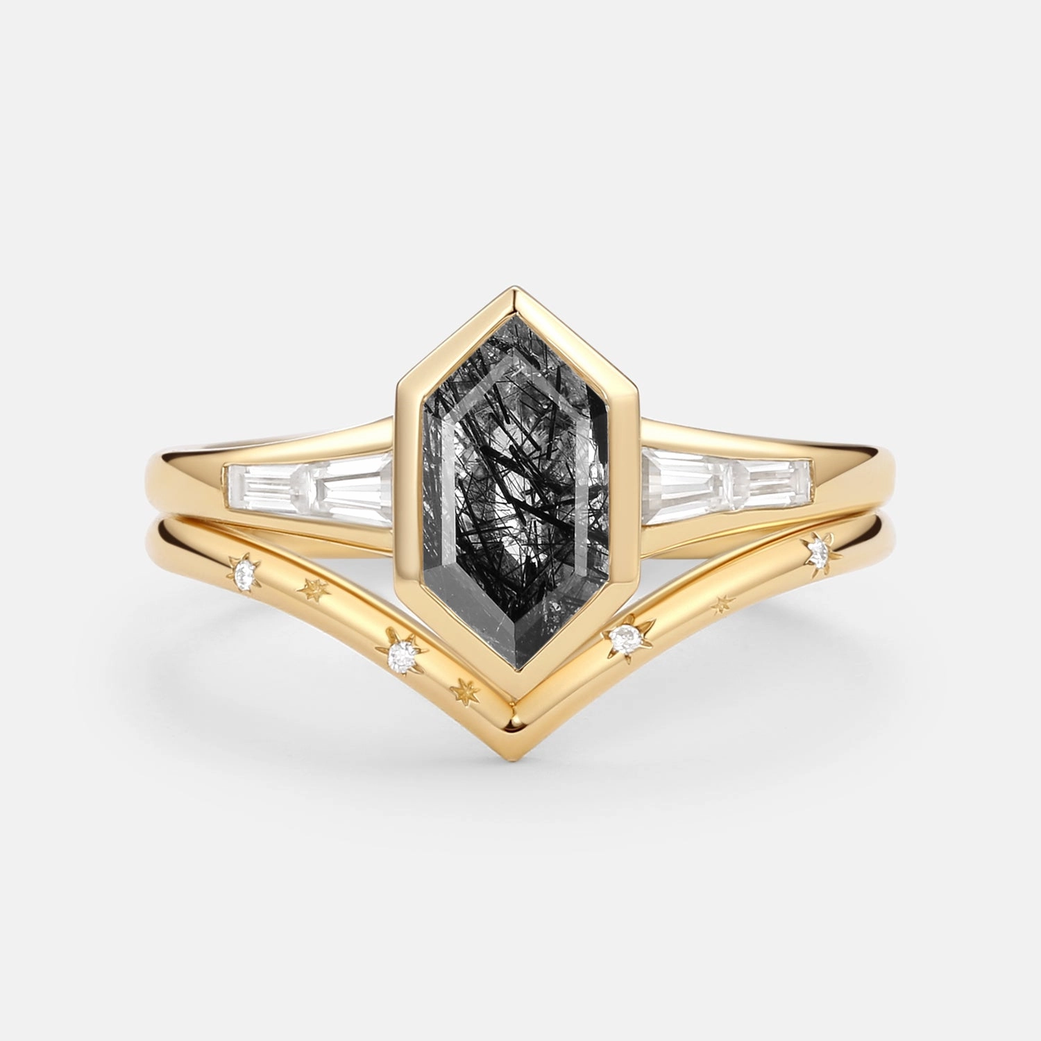 Black Rutilated Quartz Engraved Elongated Hexagon Engagement Ring Set 2pcs Distinct Accessory Elegant Choice