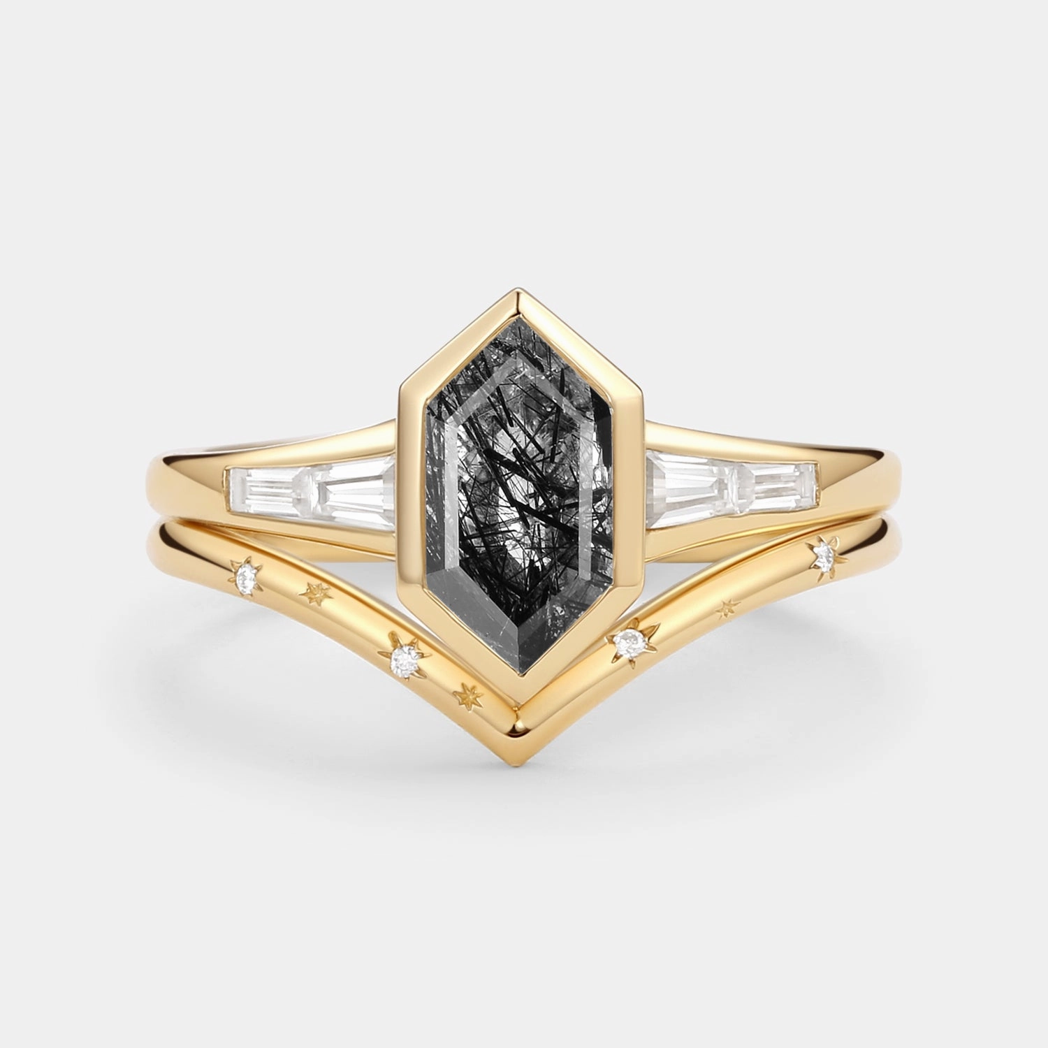 Black Rutilated Quartz Engraved Elongated Hexagon Engagement Ring Set 2pcs Traditional Design Neutral Finish