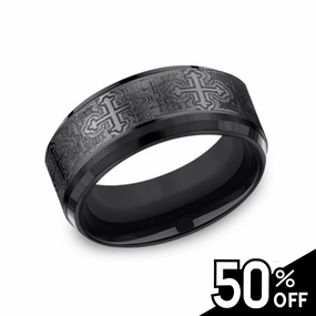 Black Titanium Comfort-Fit Cathedral Cross Design Wedding Band Timeless Expression