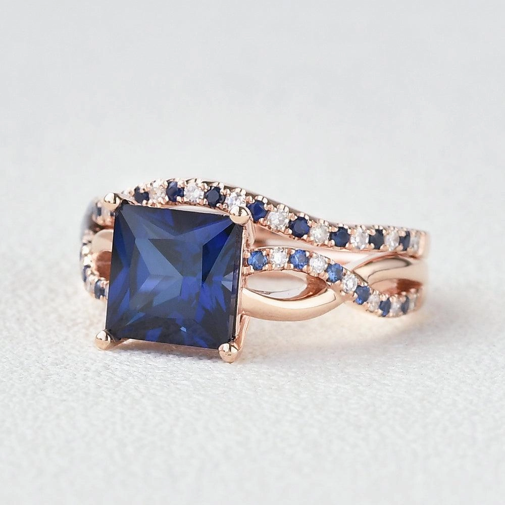 Blue Sapphire & Moissanite Retro Style Ring Set 2pcs Amazing Object Wonderful Piece