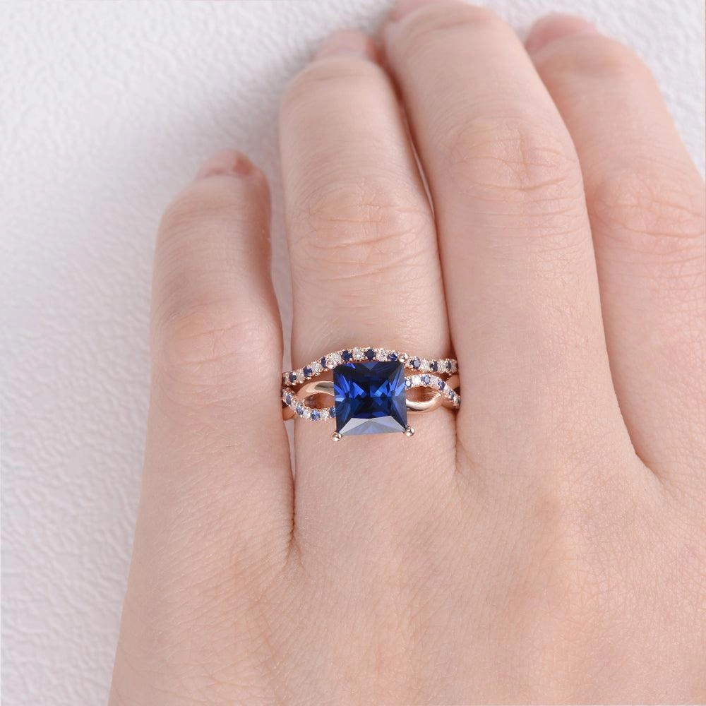 Balanced Detail Branded Expression Blue Sapphire & Moissanite Retro Style Ring Set 2pcs