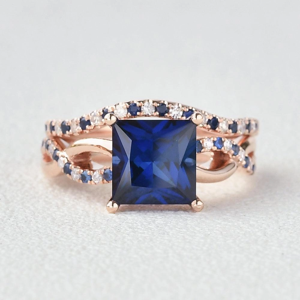 Casual Outfit Blue Sapphire & Moissanite Retro Style Ring Set 2pcs