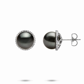 City Stroll feminine grace Tahitian Black Pearl Earrings in White Gold with Diamonds - 10-11mm