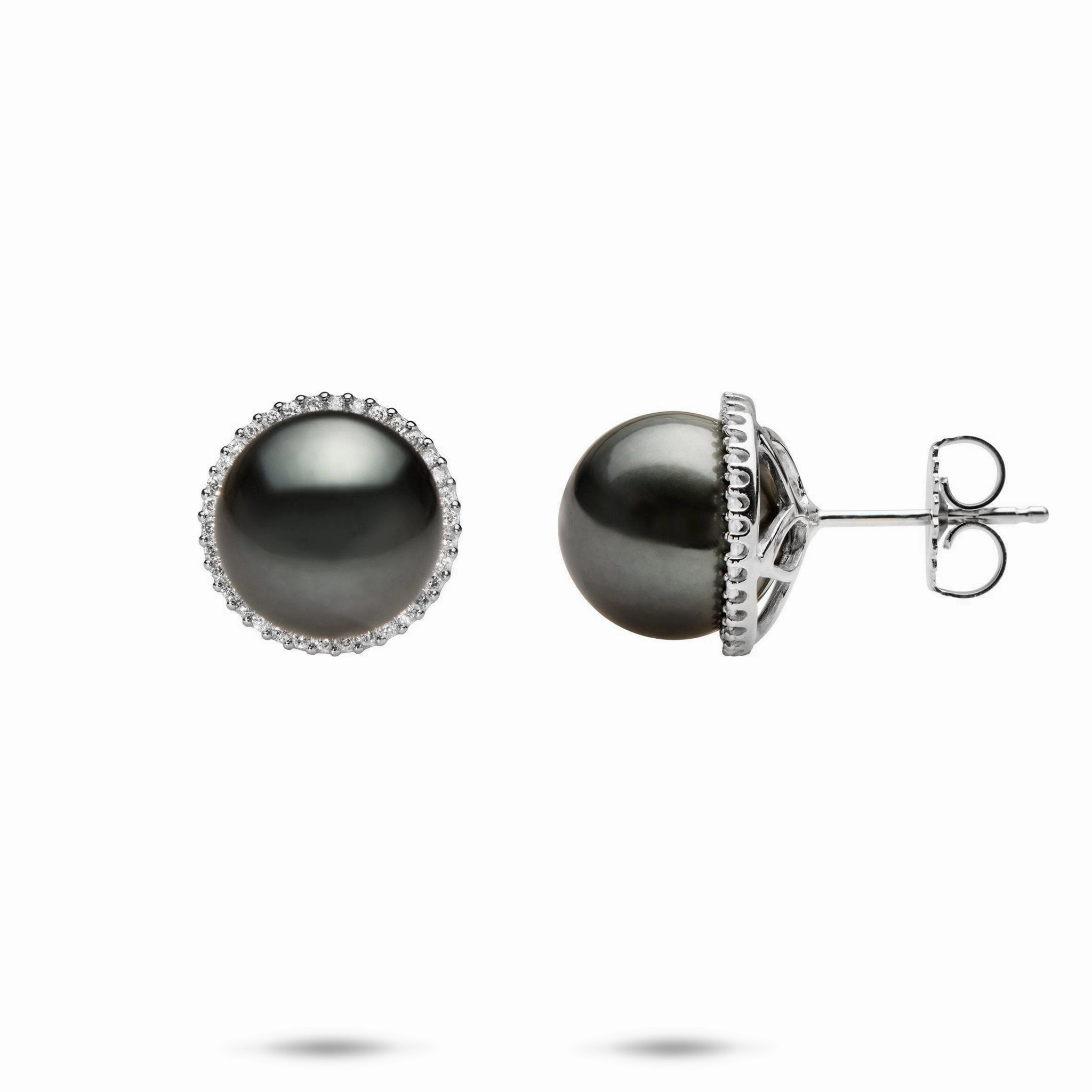 Layered Texture Inspired Touch Tahitian Black Pearl Earrings in White Gold with Diamonds - 10-11mm