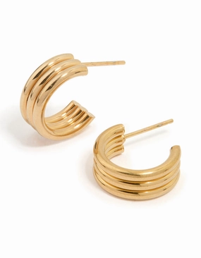 Waterproof Gold Plated Stainless Steel Fluted Hoop Earrings Date Fit