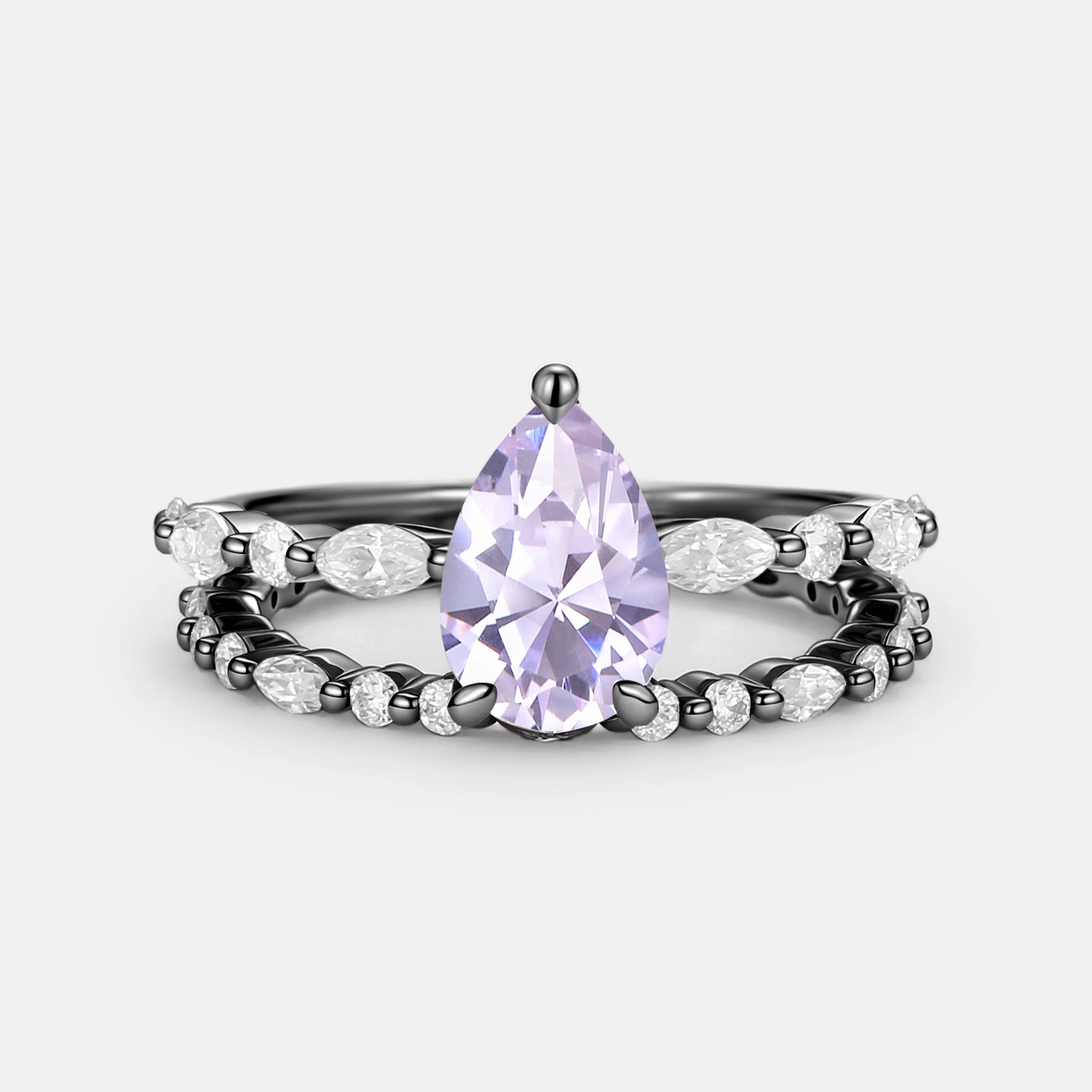 Lively Spirit Layered Finish Pear Cut Lab Lavender Sapphire Engagement Ring Set 2pcs - Thalia