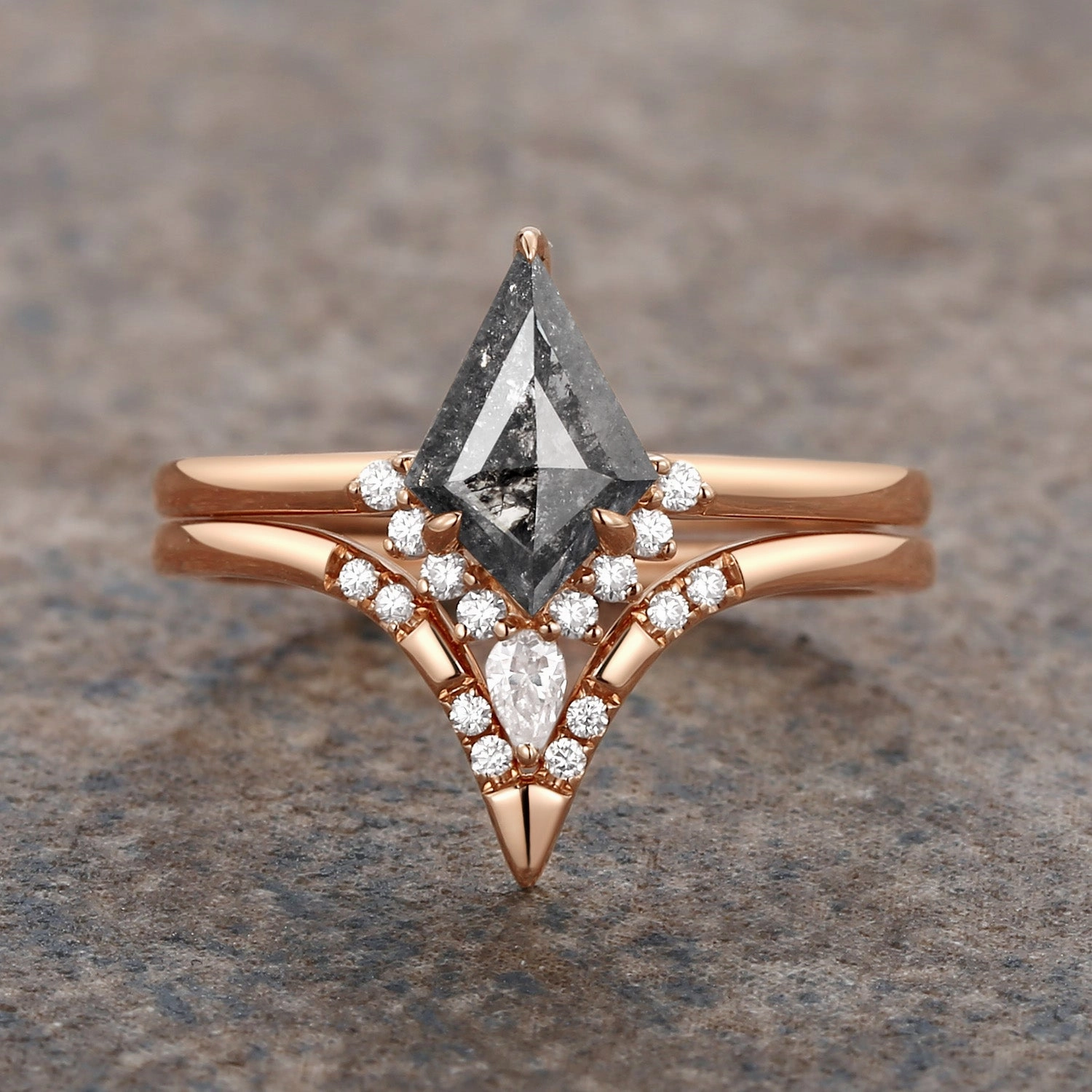 Kite Salt and Pepper Diamonds Vintage Engagement Ring Set 2pcs Delicate Vibe Lush Accent