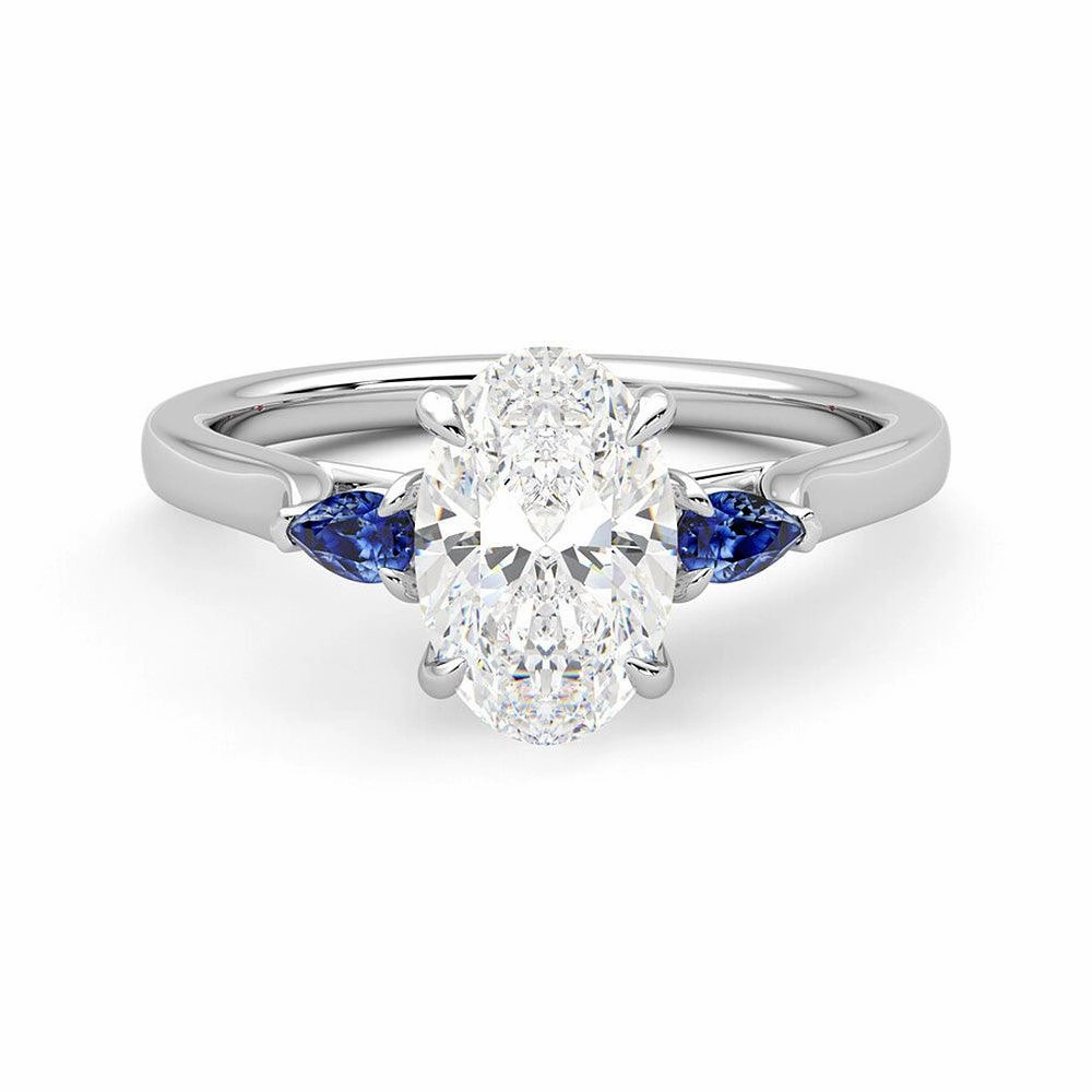 Finest Touch Sculpted Touch Three Stone Oval Cut Moissanite and Sapphire Engagement Ring with Hidden Anniversary Stone Accent