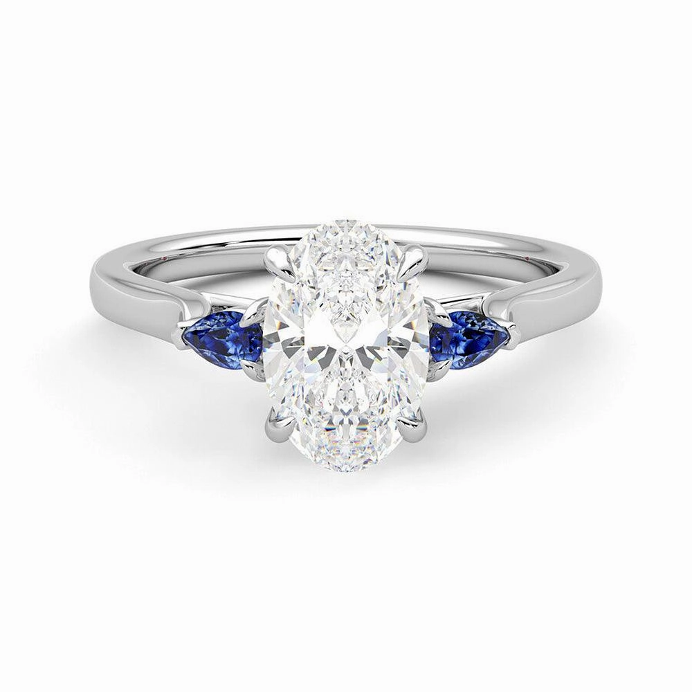 Three Stone Oval Cut Moissanite and Sapphire Engagement Ring with Hidden Anniversary Stone Accent Vogue Feature