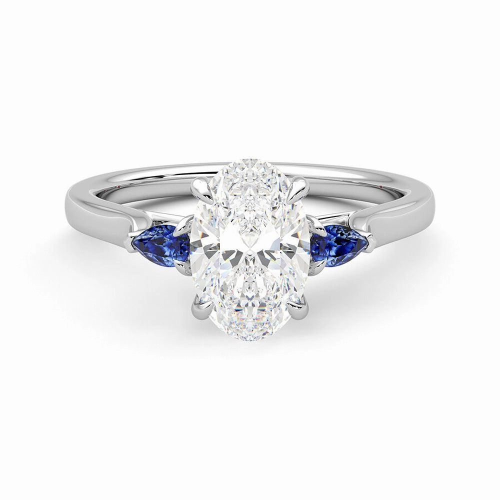 Mood Piece Three Stone Oval Cut Moissanite and Sapphire Engagement Ring with Hidden Anniversary Stone Accent