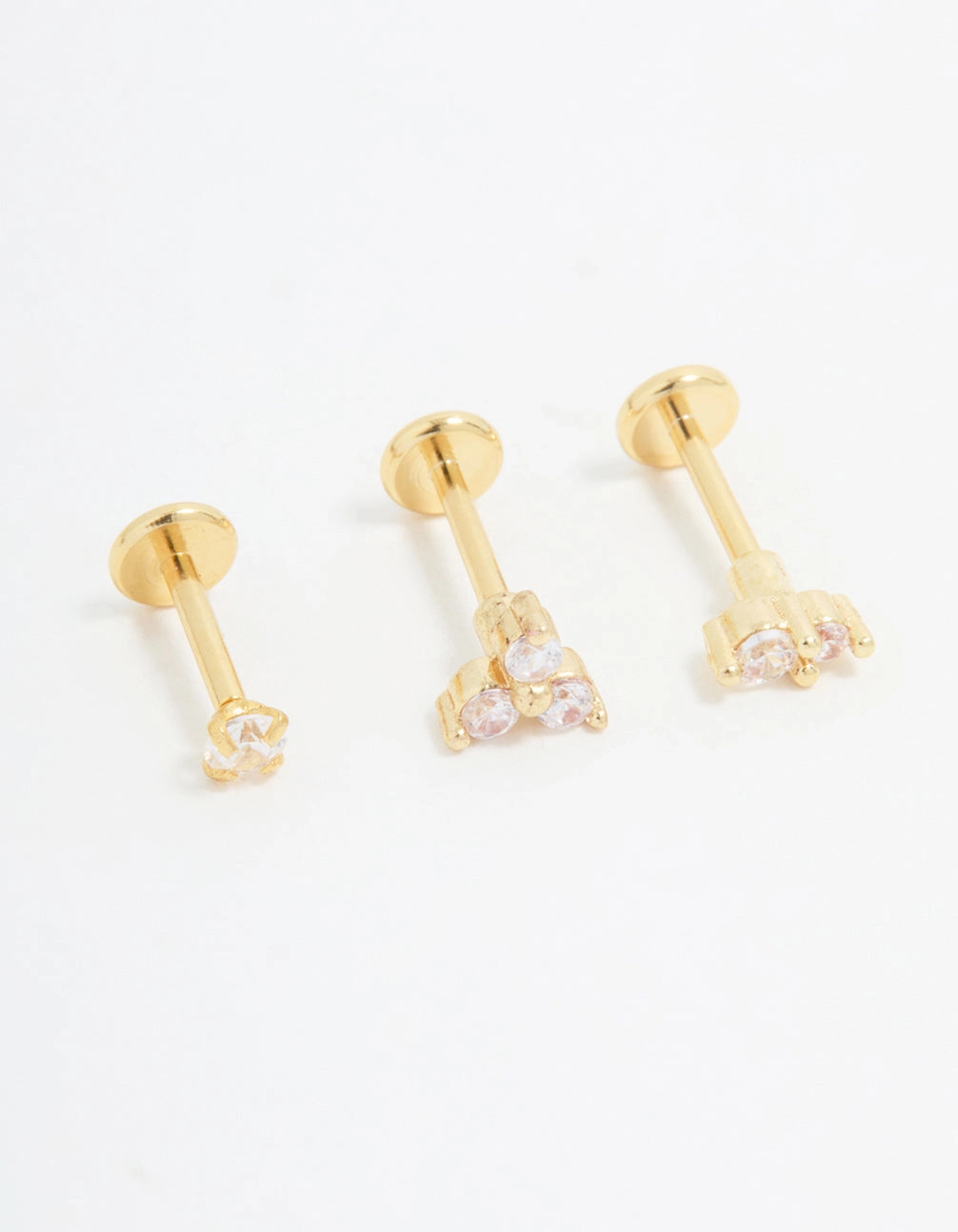 Gold Plated Surgical Steel Cubic Zirconia Round Flat Back Studs 3-Pack Premium Finish Modern Accessories