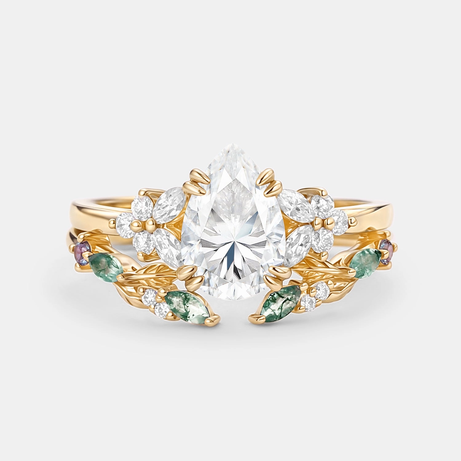 Quiet Look Captivating Touch Pear Shaped Moissanite Leafy Chevron Gold Ring Set 2pcs - Chloris