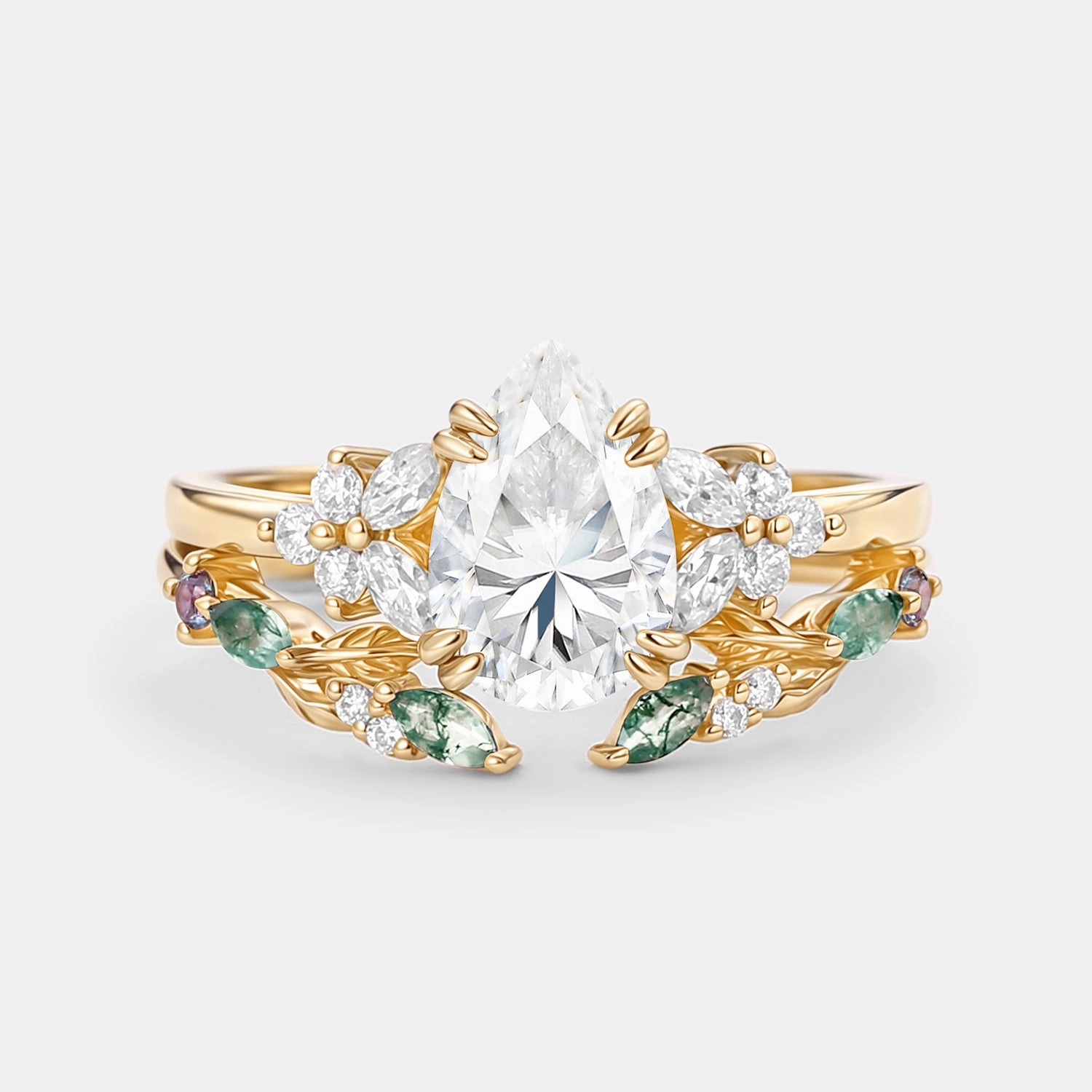 Pear Shaped Moissanite Leafy Chevron Gold Ring Set 2pcs - Chloris Minimalist Gift