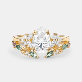 Quiet Look Captivating Touch Pear Shaped Moissanite Leafy Chevron Gold Ring Set 2pcs - Chloris