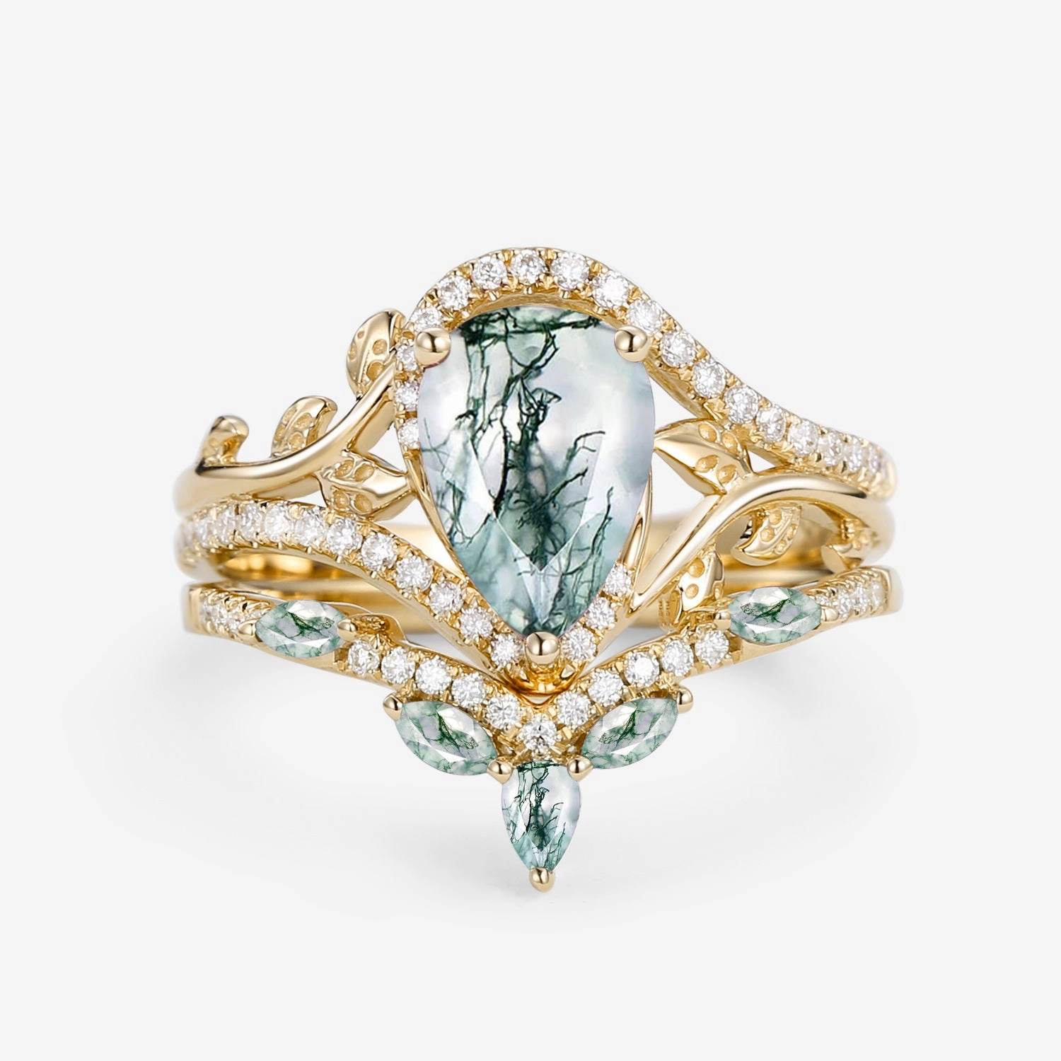 Easy Clean Vintage Pear Cut Moss Agate & Moissanite Leafy Ring Set 2pcs - Dalia