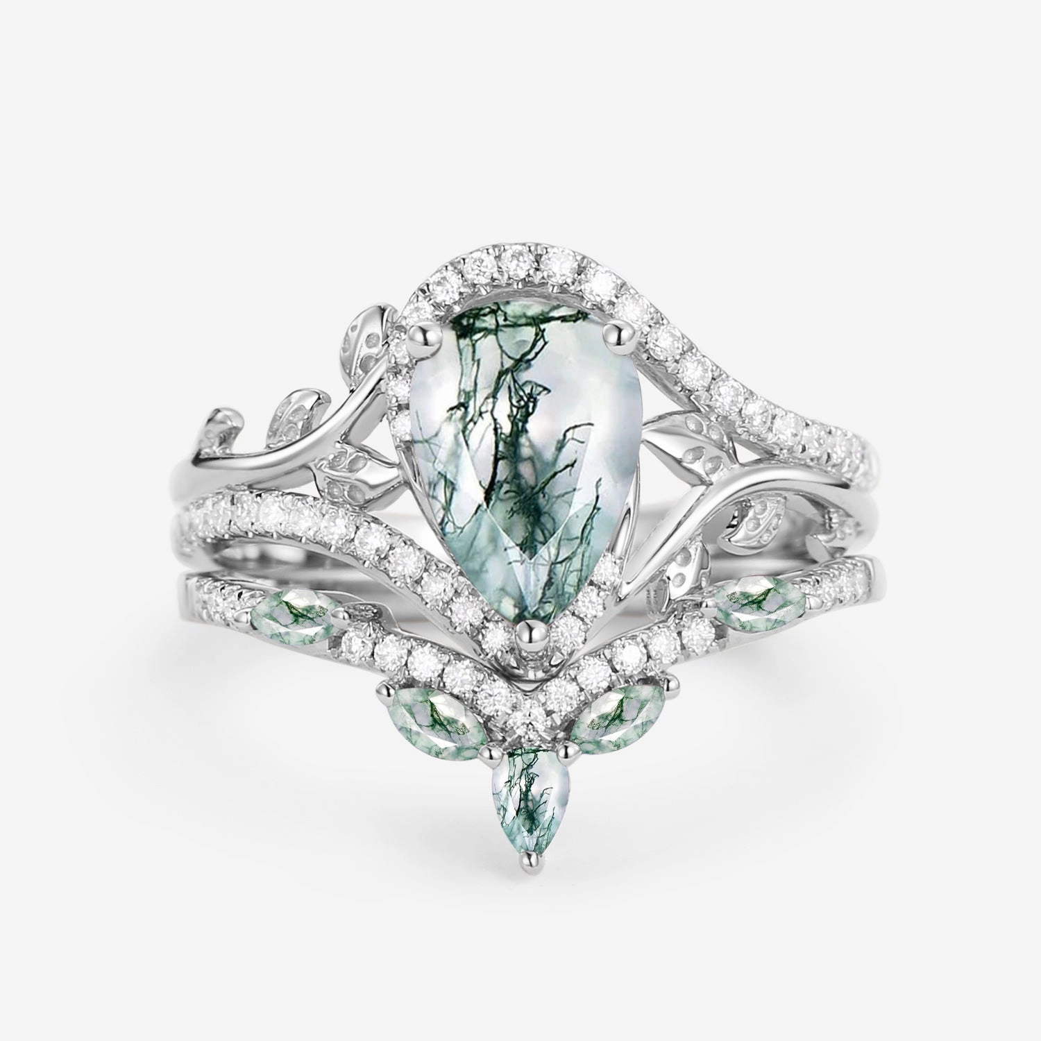 HighEnd Style Stylish Insignia Vintage Pear Cut Moss Agate & Moissanite Leafy Ring Set 2pcs - Dalia